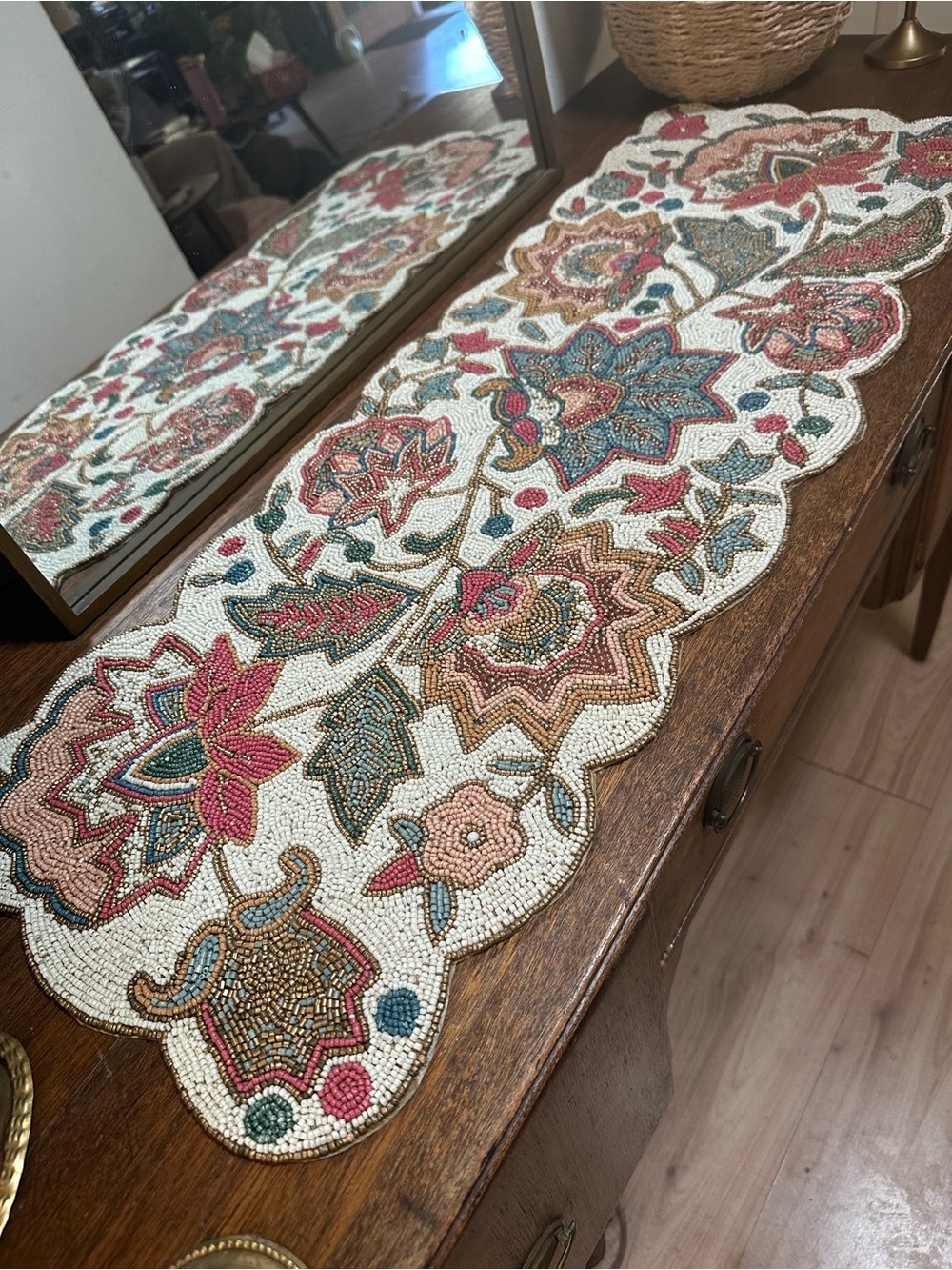 Beaded Floral Table Runner in Cream, Pink, Teal & Gold